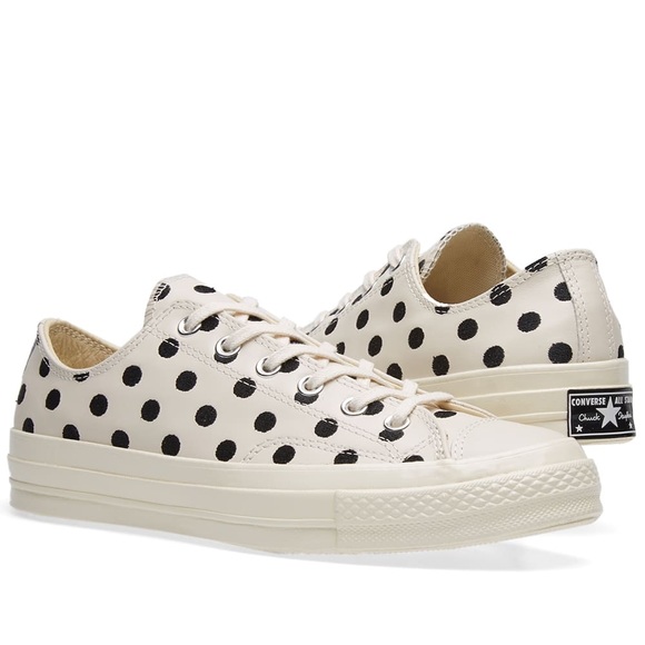 Cream Black Leather Embroidered Polkadots Sneakers - Picture 2 of 8